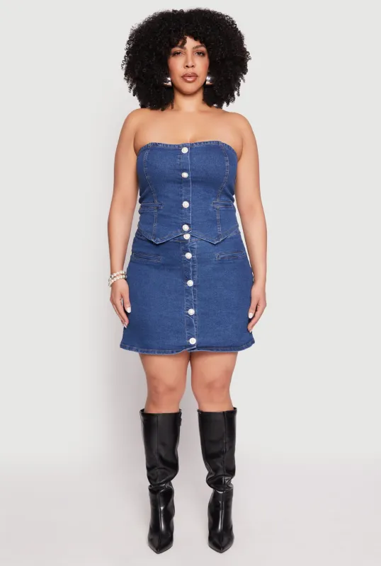Plus Size Button Front Denim Mini Skirt sold by Rainbow