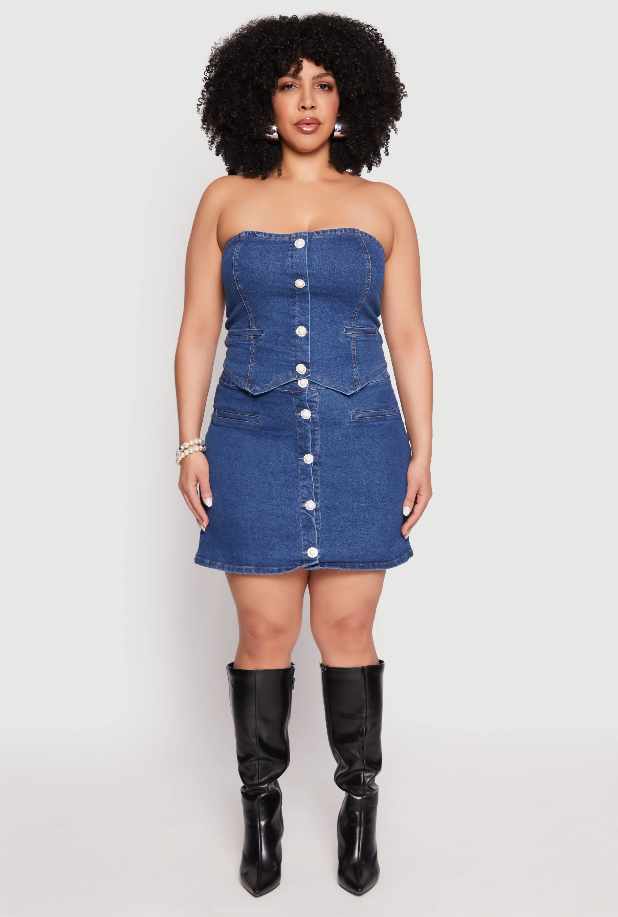 Plus Size Button Front Denim Mini Skirt sold by Rainbow
