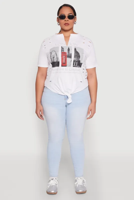 Plus Size Slashed London Graphic Knot Front Tee sold by Rainbow
