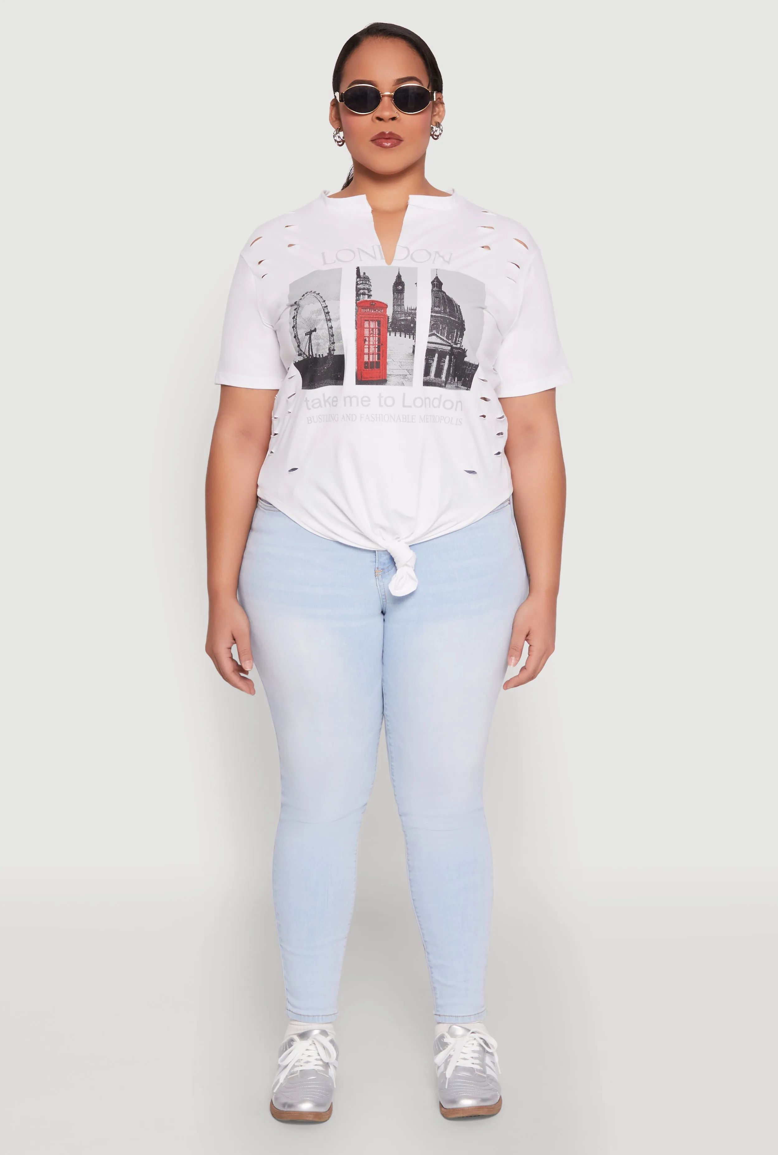 Plus Size Slashed London Graphic Knot Front Tee sold by Rainbow