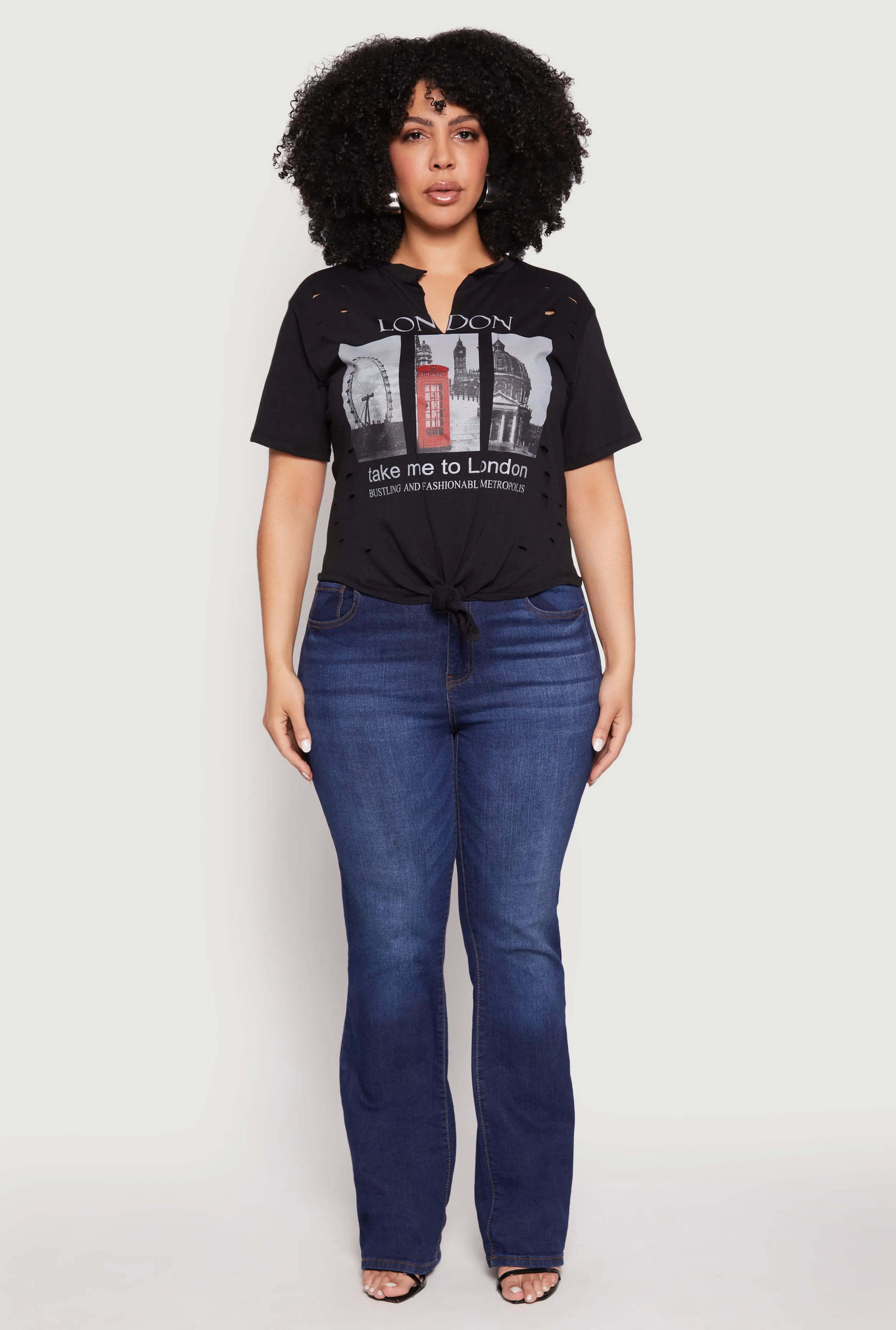 Plus Size Slashed London Graphic Knot Front Tee sold by Rainbow