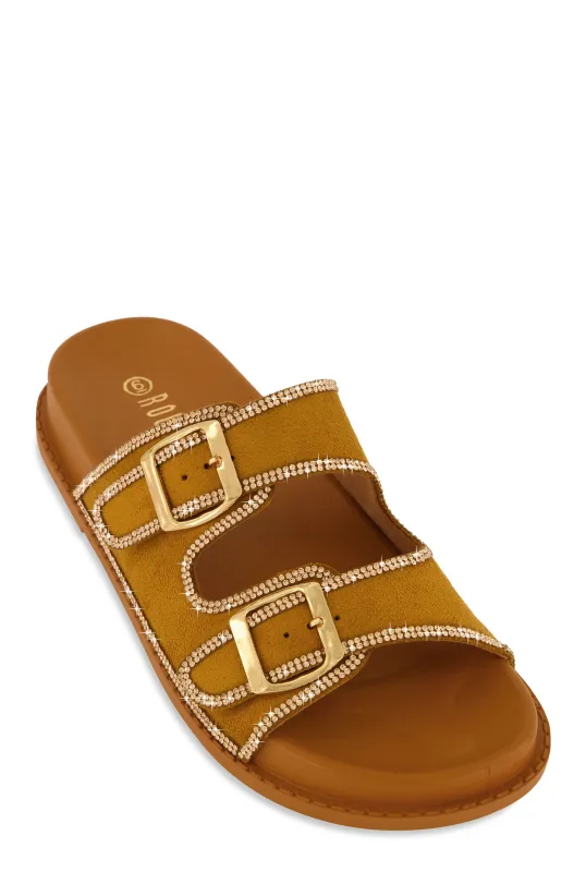 Double Buckle Band Studded Trim Slide Sandals sold by Rainbow