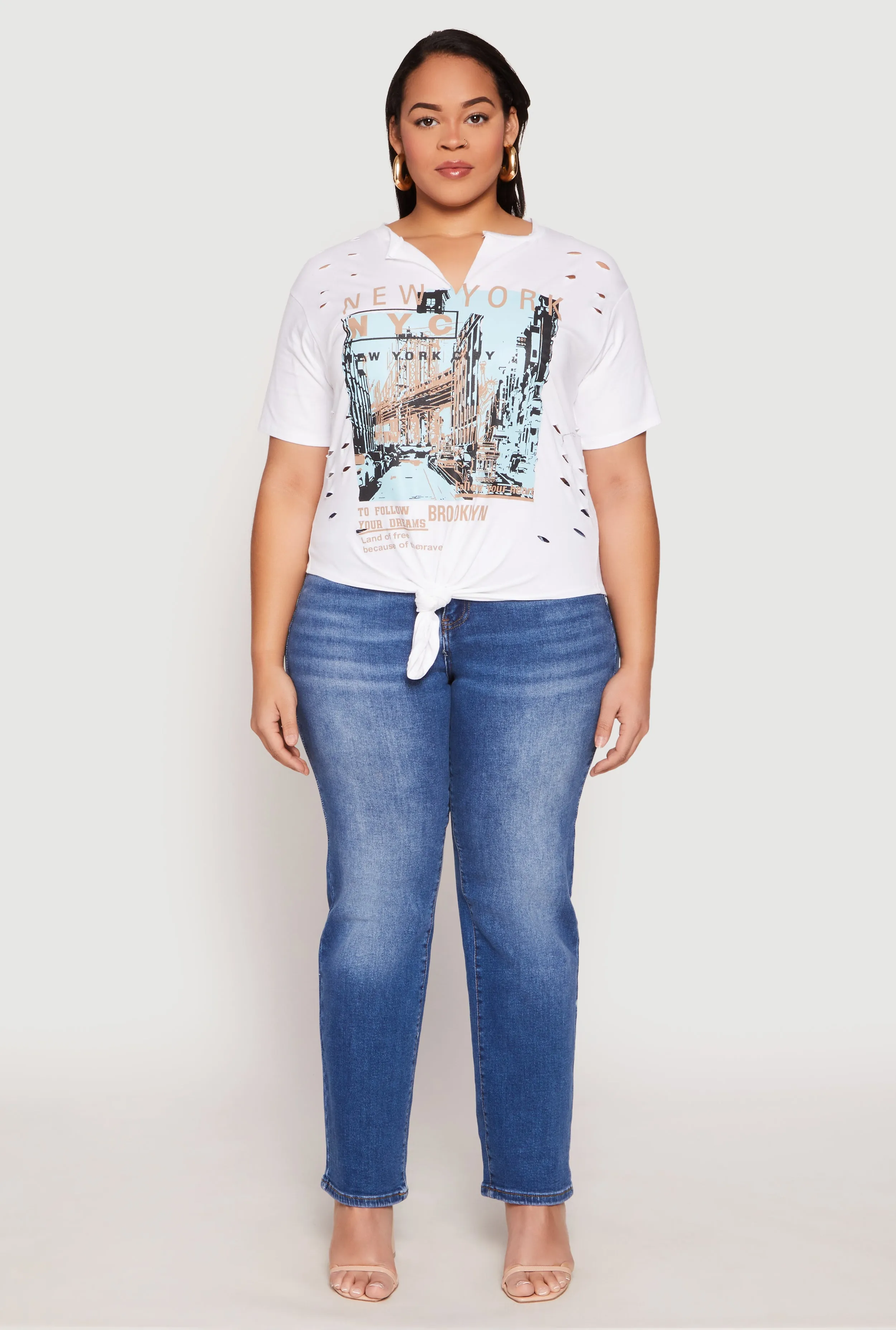Plus Size Slashed New York Graphic Knot Front Tee sold by Rainbow