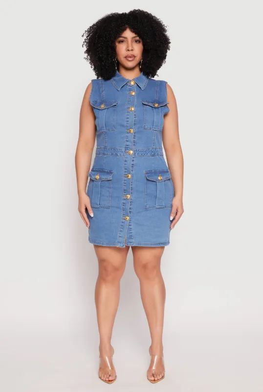 Plus Size Daisy Sleeveless Denim Utility Mini Dress sold by Rainbow