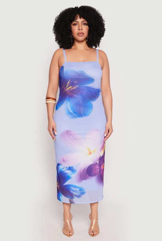 Plus Size Mesh Floral Print Midi Dress sold by Rainbow