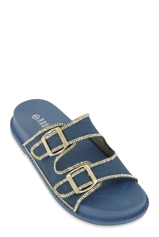 Double Buckle Band Studded Trim Slide Sandals sold by Rainbow