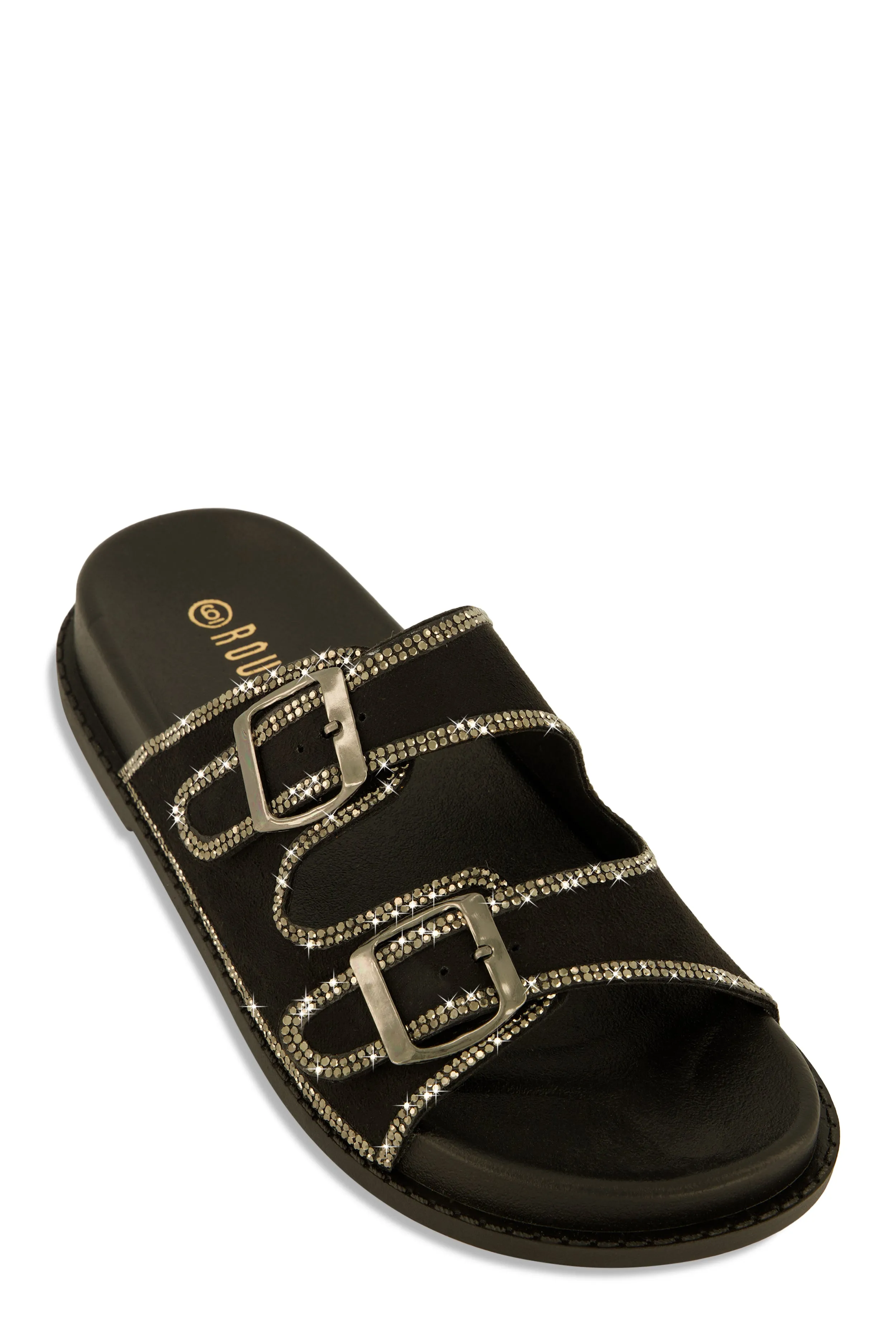 Double Buckle Band Studded Trim Slide Sandals sold by Rainbow
