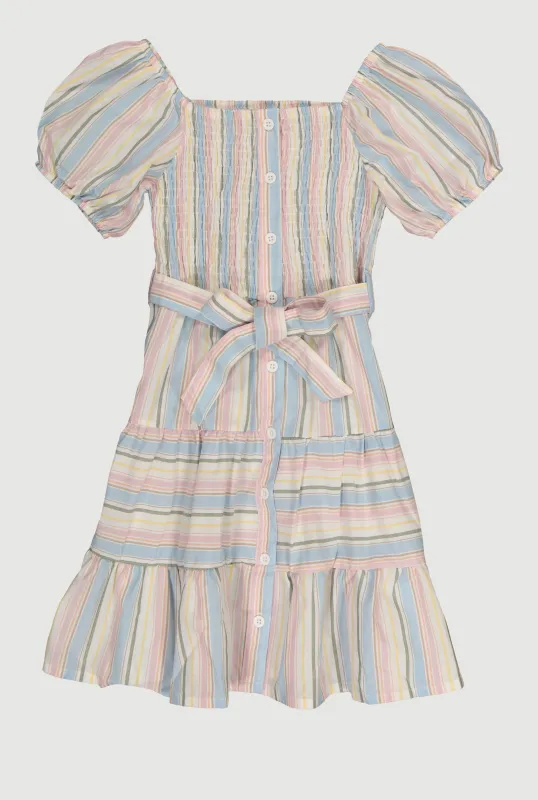 Girls Linen Smocked Button Front Tiered Dress sold by Rainbow