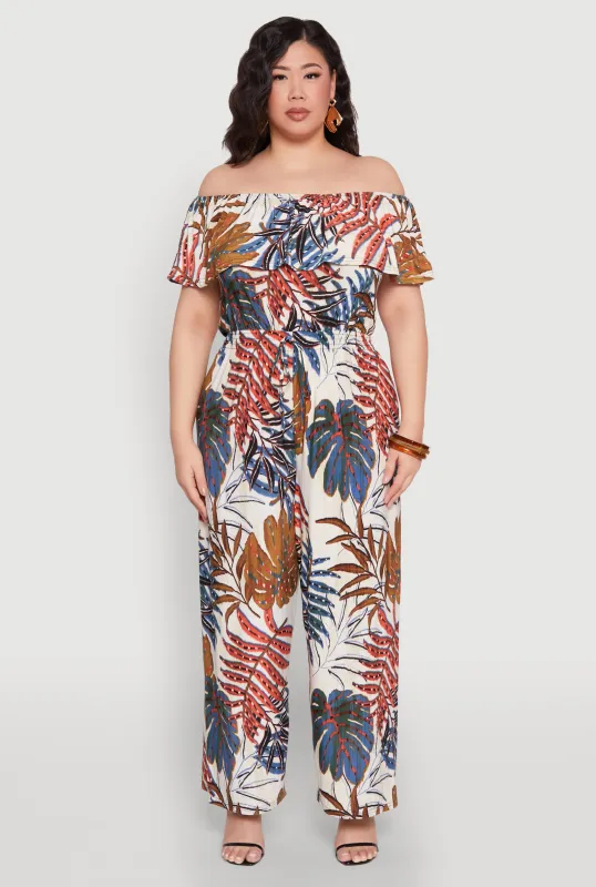 Plus Size Tropical Print Off the Shoulder Jumpsuit sold by Rainbow