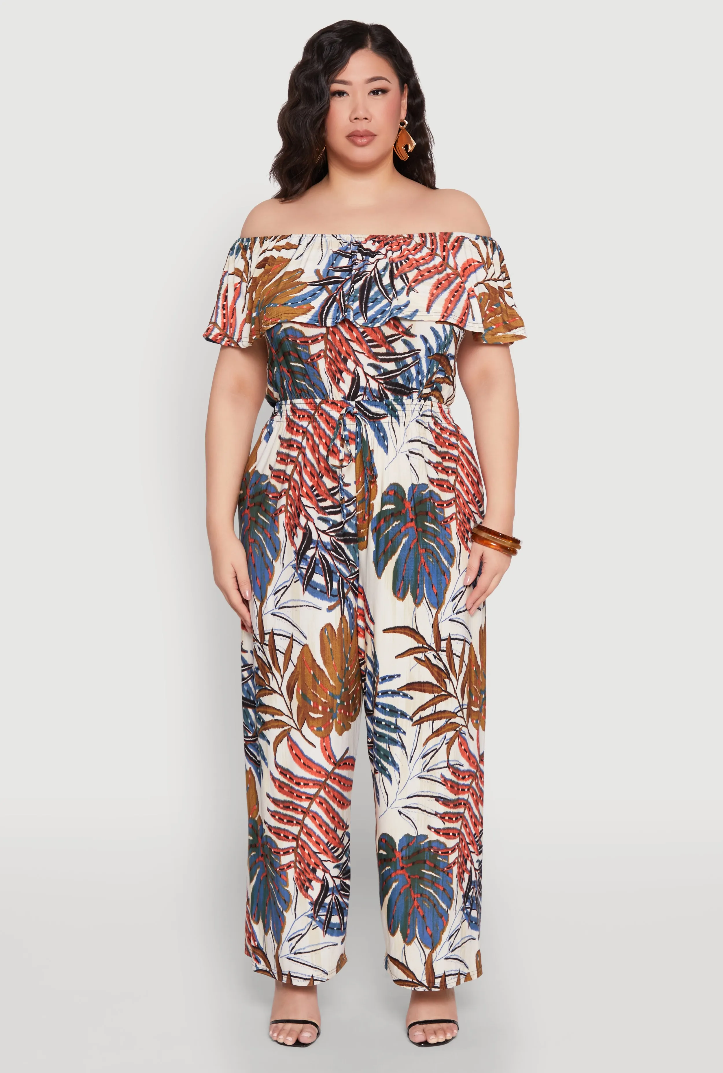 Plus Size Tropical Print Off the Shoulder Jumpsuit sold by Rainbow