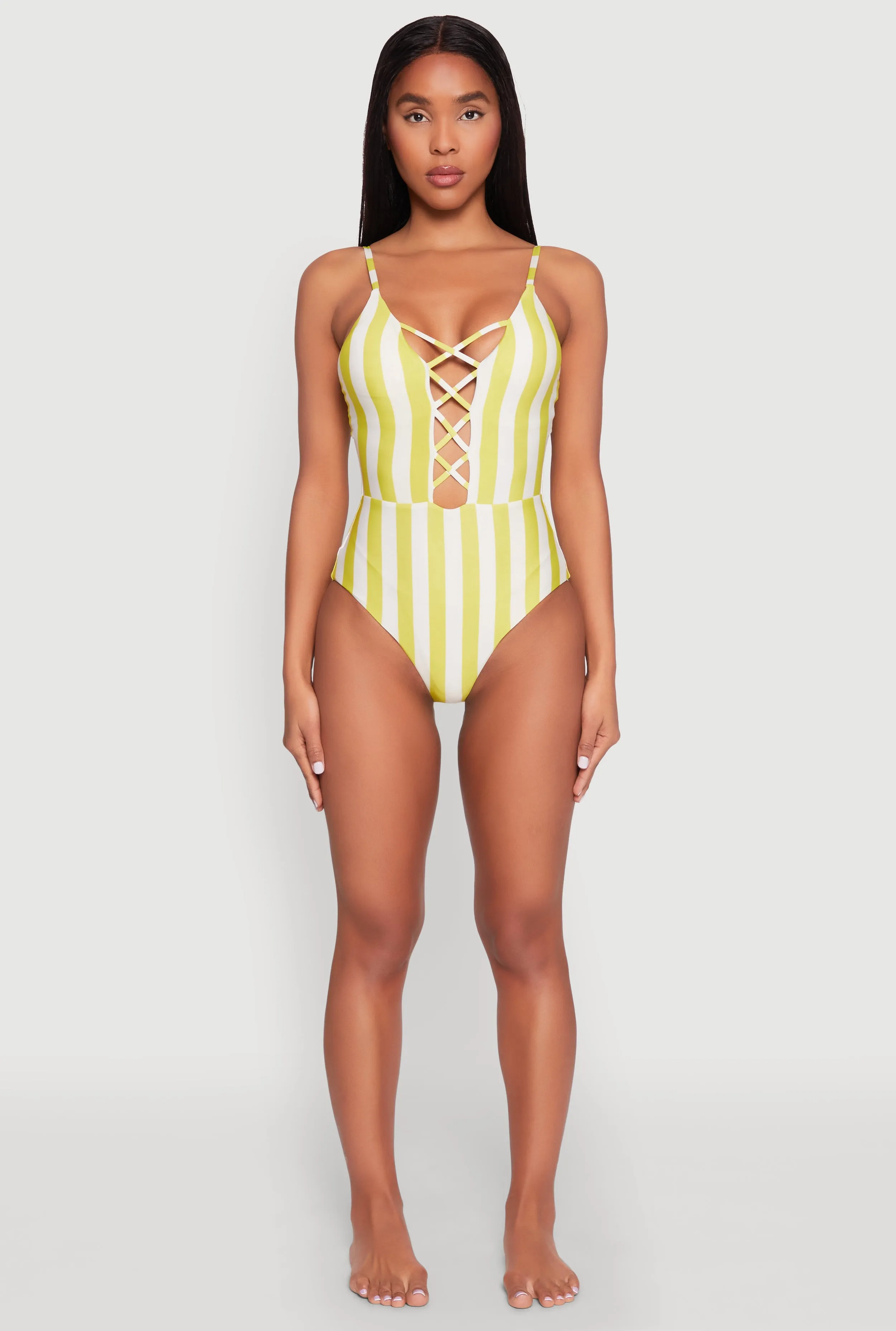 Striped Caged Front One Piece Swimsuit sold by Rainbow