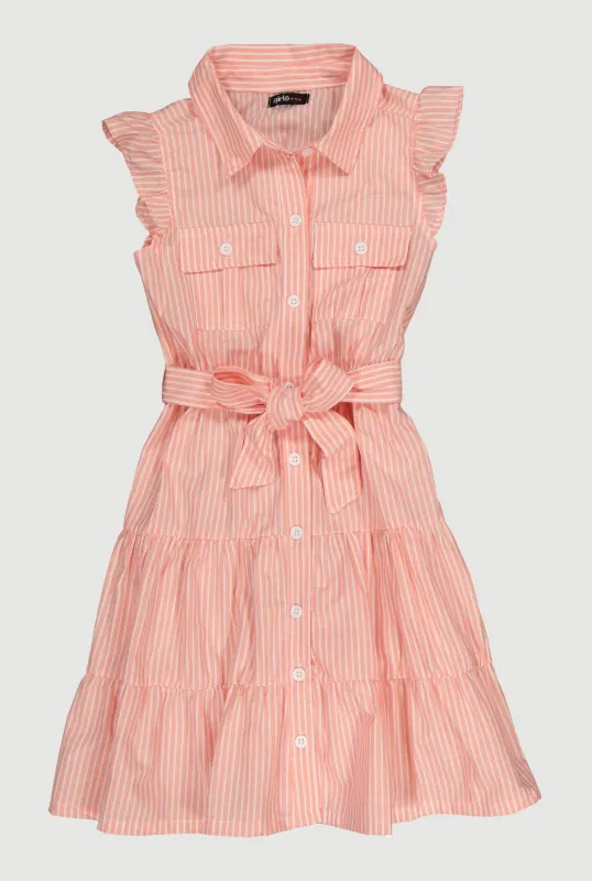 Girls Striped Tie Waist Tiered Shirt Dress sold by Rainbow