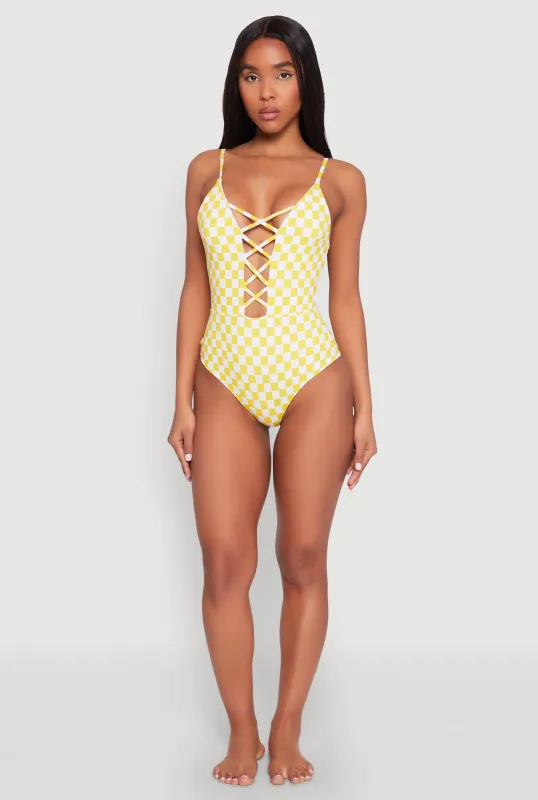 Checkered Print Caged Front One Piece Swimsuit sold by Rainbow