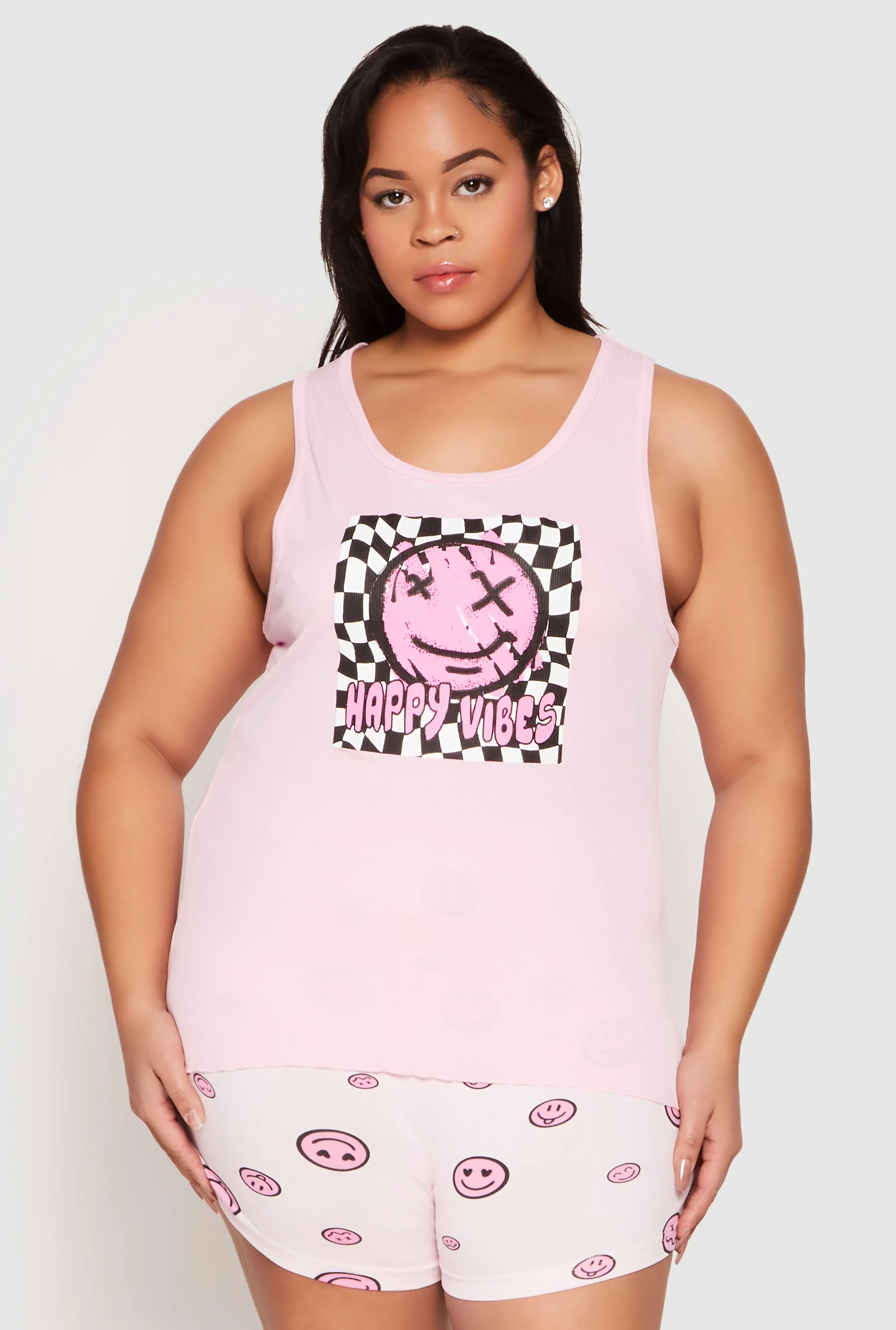 Plus Size Smiley Graphic Pajama Tank Top and Shorts sold by Rainbow