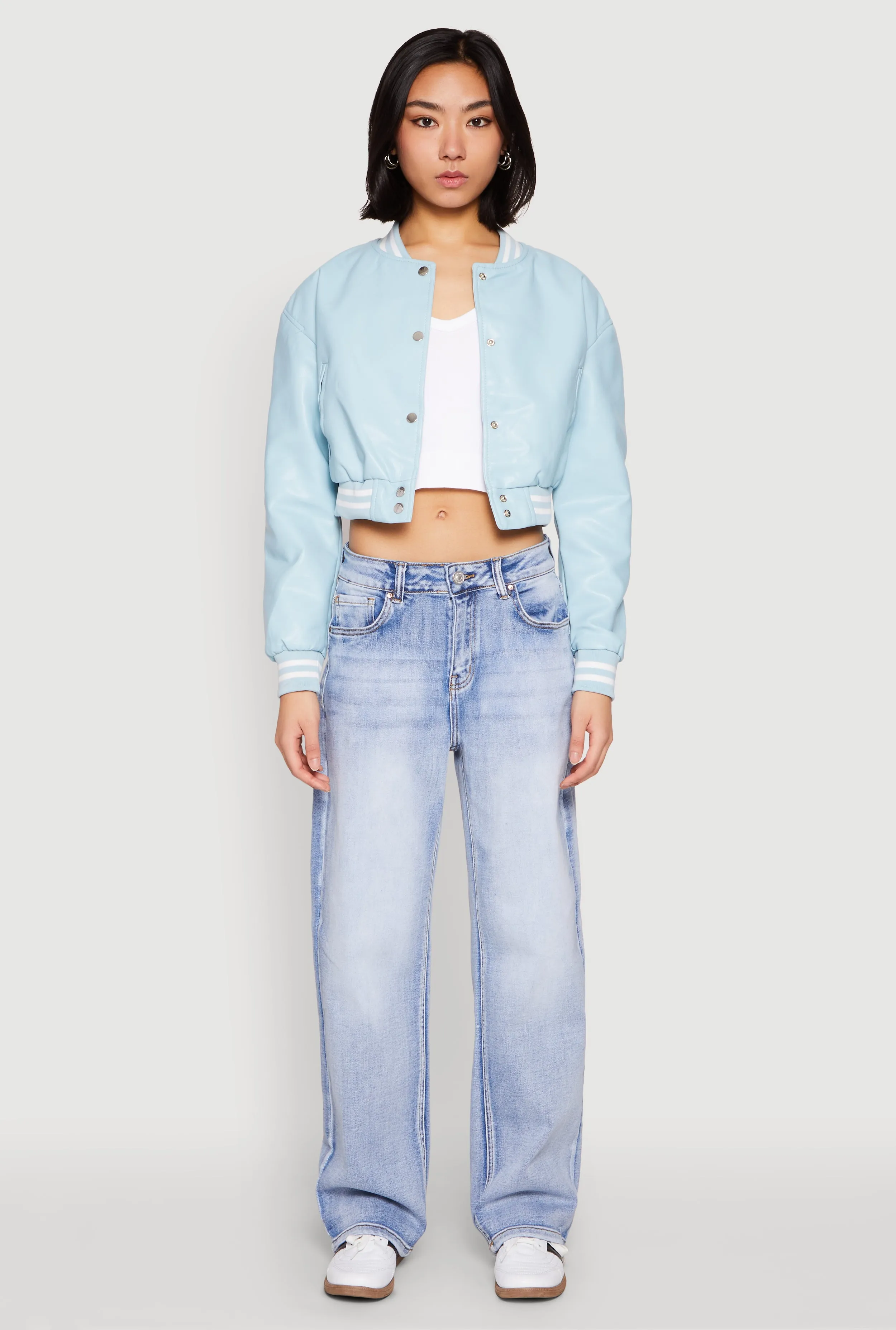Daisy Faux Leather Cropped Bomber Jacket sold by Rainbow