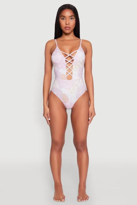 Floral Print Caged Front One Piece Swimsuit sold by Rainbow