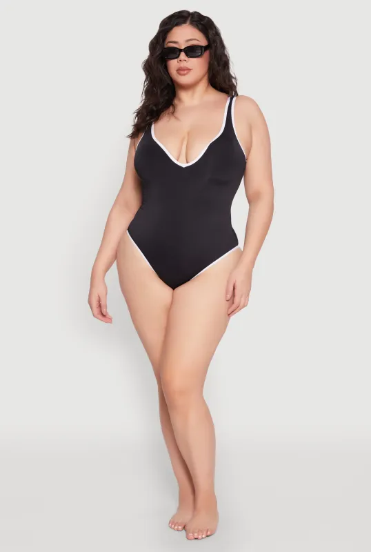 Plus Size Contrast Trim Plunge One Piece Swimsuit sold by Rainbow
