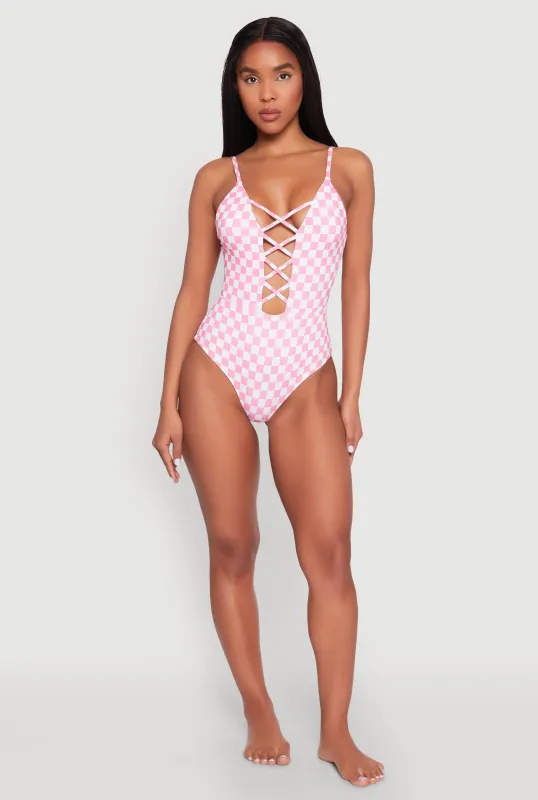 Checkered Print Caged Front One Piece Swimsuit sold by Rainbow
