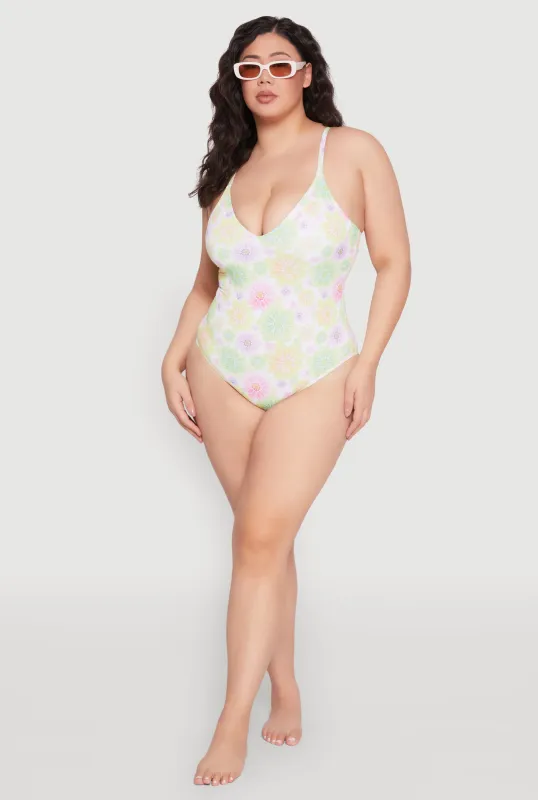 Plus Size Daisy Print One Piece Swimsuit sold by Rainbow