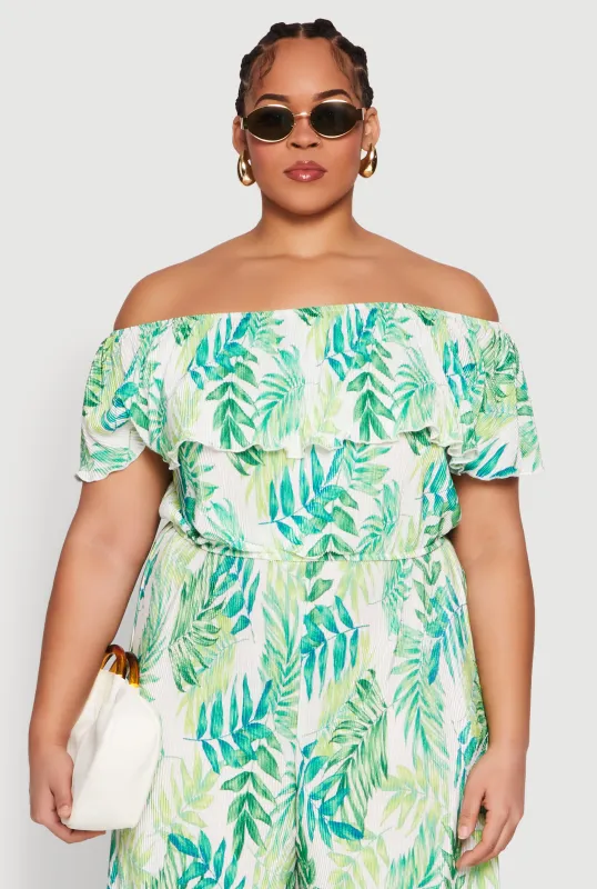 Plus Size Almost Famous Leaf Print Off the Shoulder Top sold by Rainbow