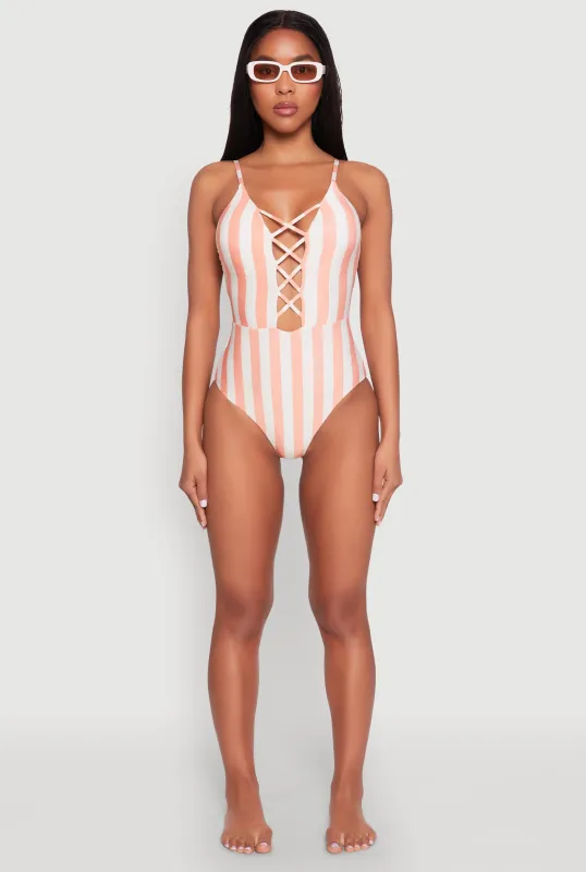 Striped Caged Front One Piece Swimsuit sold by Rainbow