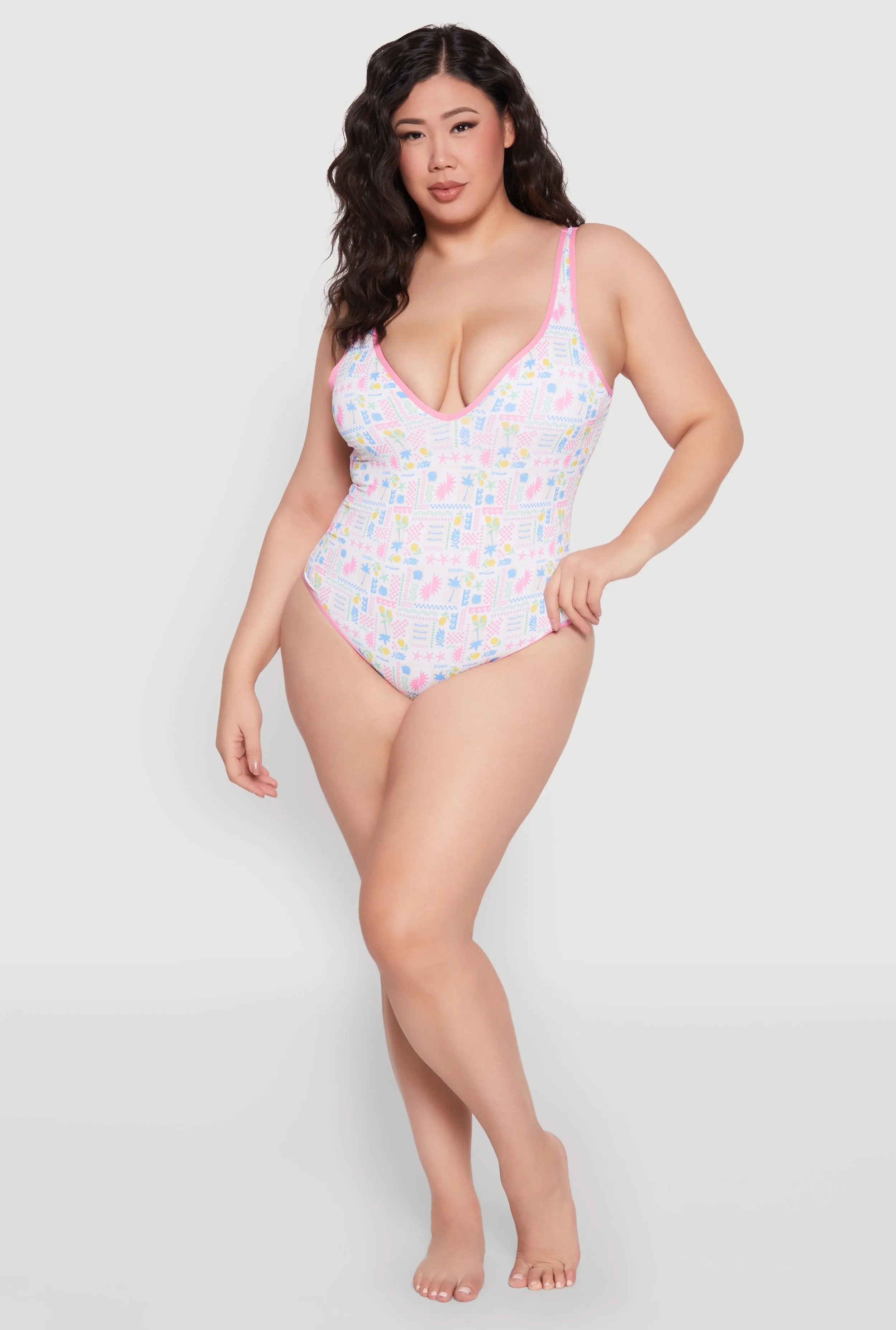 Plus Size Tropical Geometric Patterned One Piece Swimsuit sold by Rainbow
