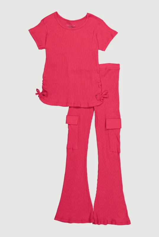Girls Ribbed Knit Ruched Side Top and Cargo Flared Pants sold by Rainbow