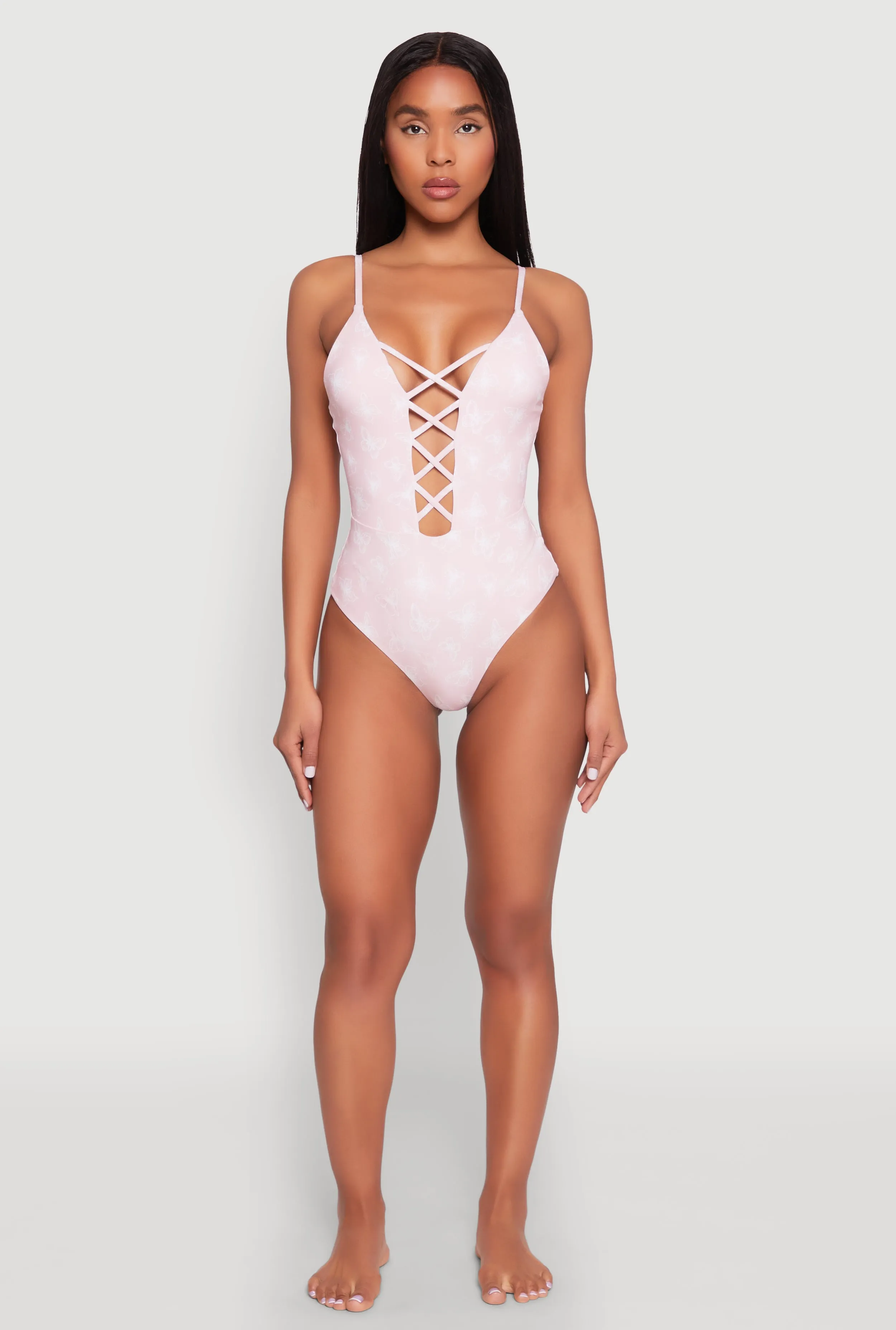 Butterfly Print Caged Front One Piece Swimsuit sold by Rainbow