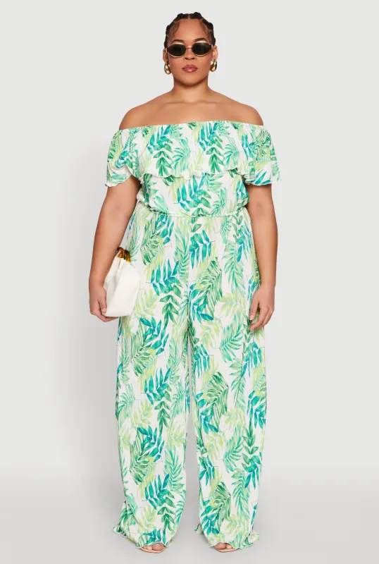 Plus Size Almost Famous Plisse Leaf Print Pants sold by Rainbow