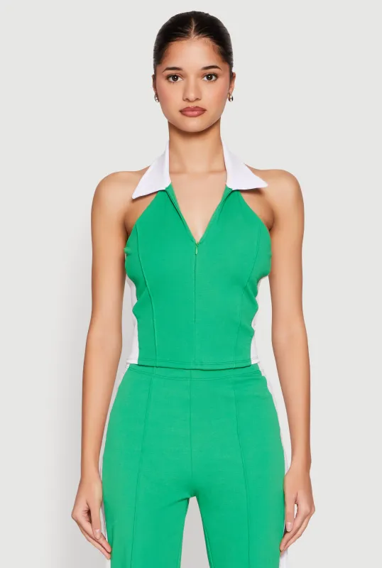 Color Blocked Collared Halter Crop Top sold by Rainbow