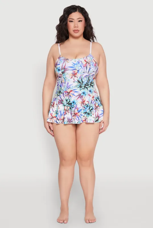 Plus Size Tropical Floral Print Swim Dress sold by Rainbow