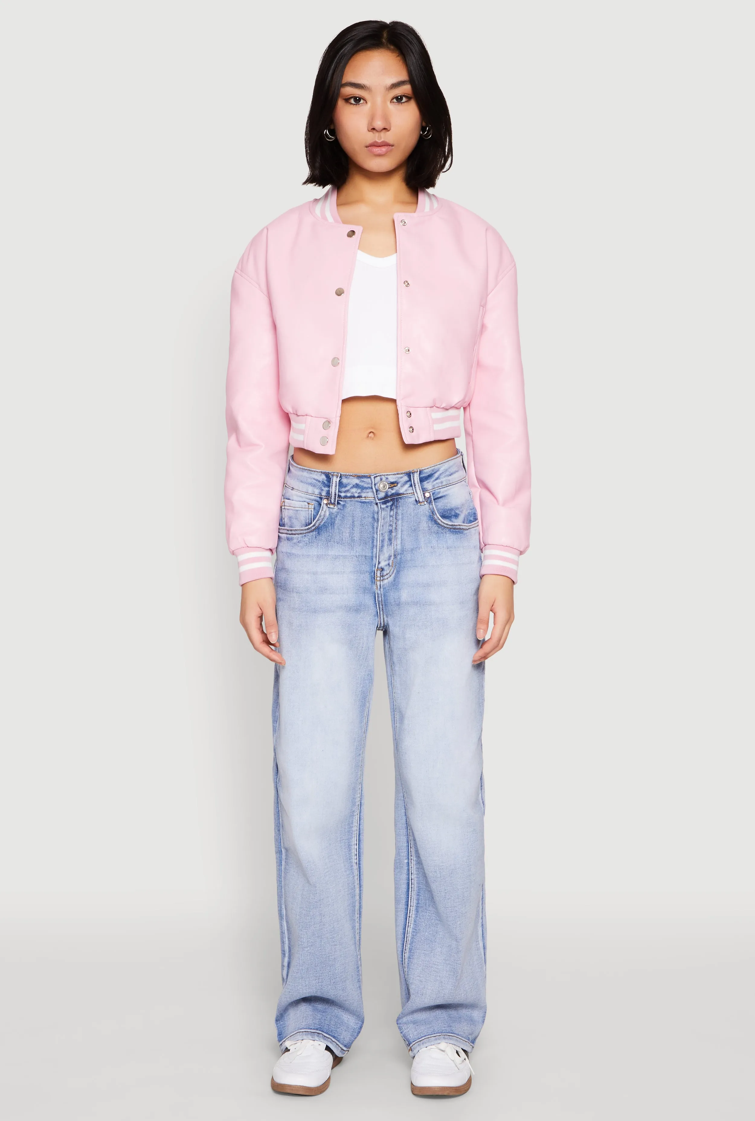 Daisy Faux Leather Cropped Bomber Jacket sold by Rainbow