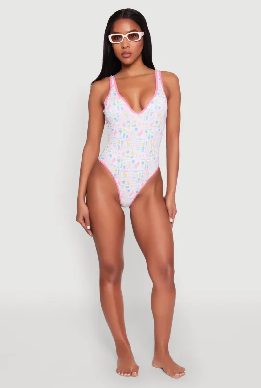 Tropical Geometric Patterned One Piece Swimsuit sold by Rainbow