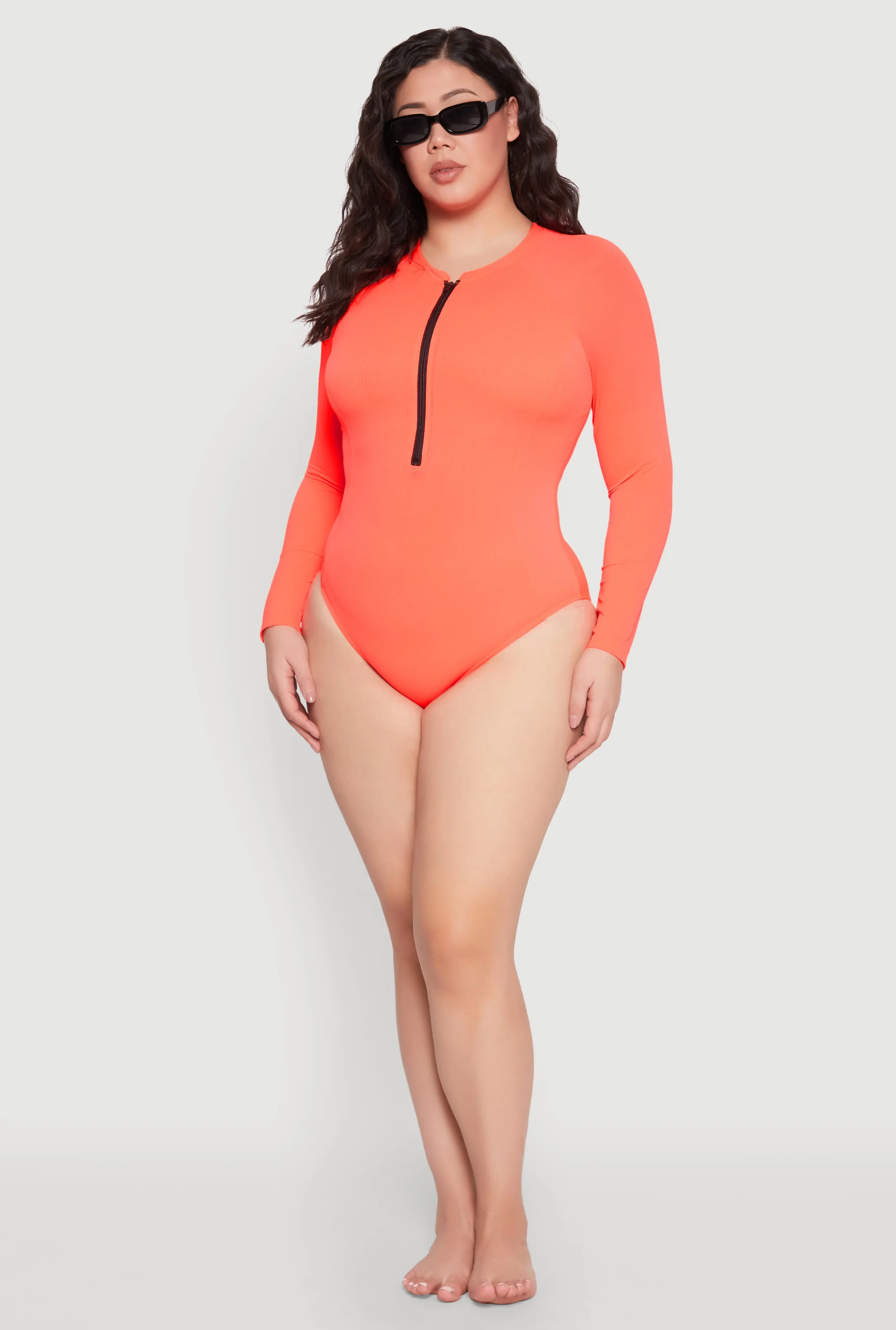 Plus Size Zip Front Rash Guard One Piece Swimsuit sold by Rainbow