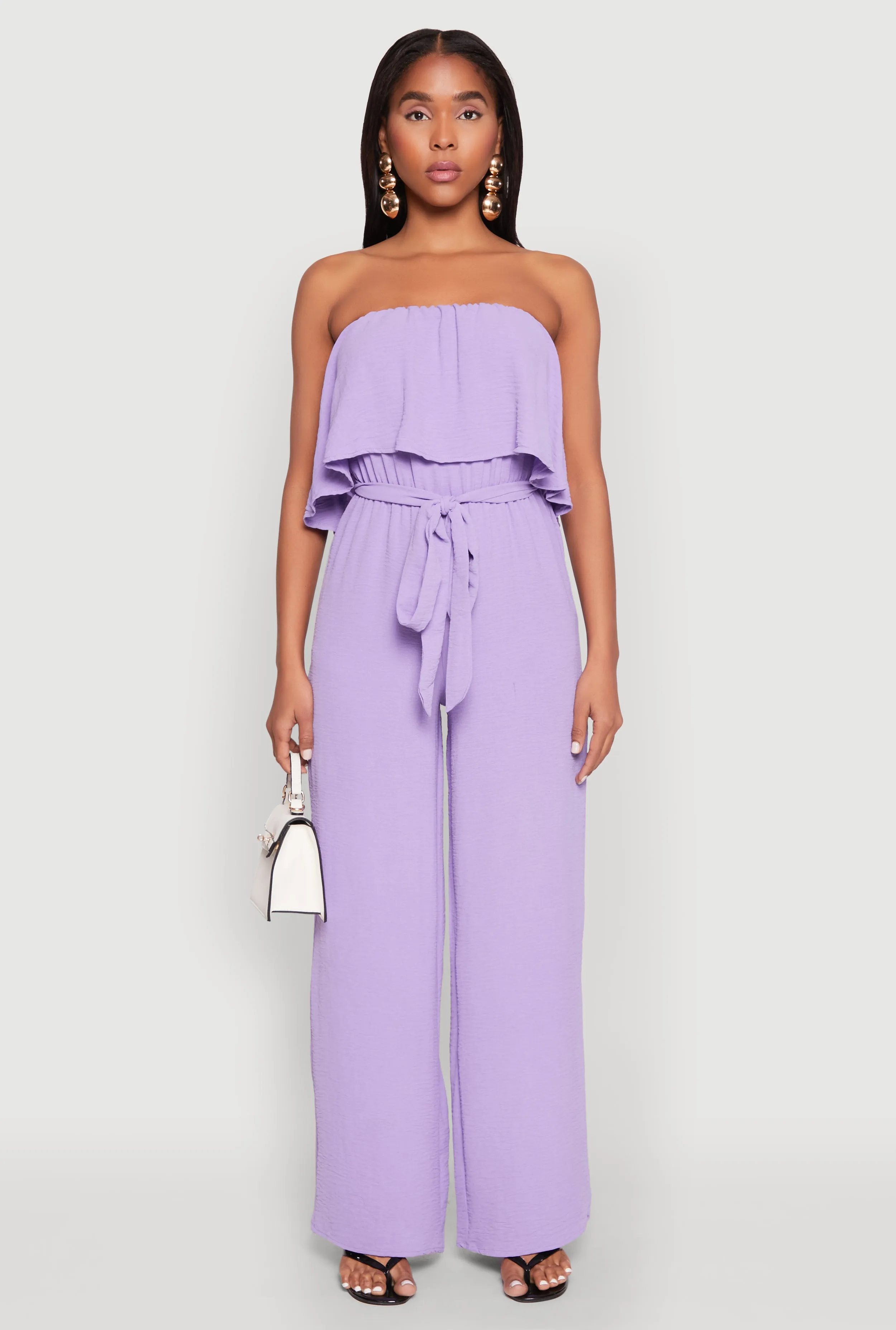 Crepe Knit Ruffle Overlay Tie Waist Jumpsuit sold by Rainbow