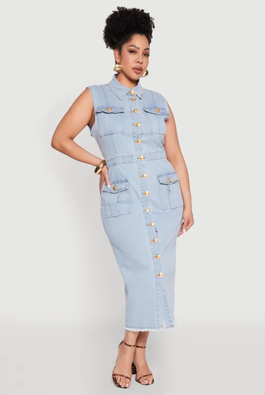 Plus Size Daisy Denim Sleeveless Utility Maxi Dress sold by Rainbow