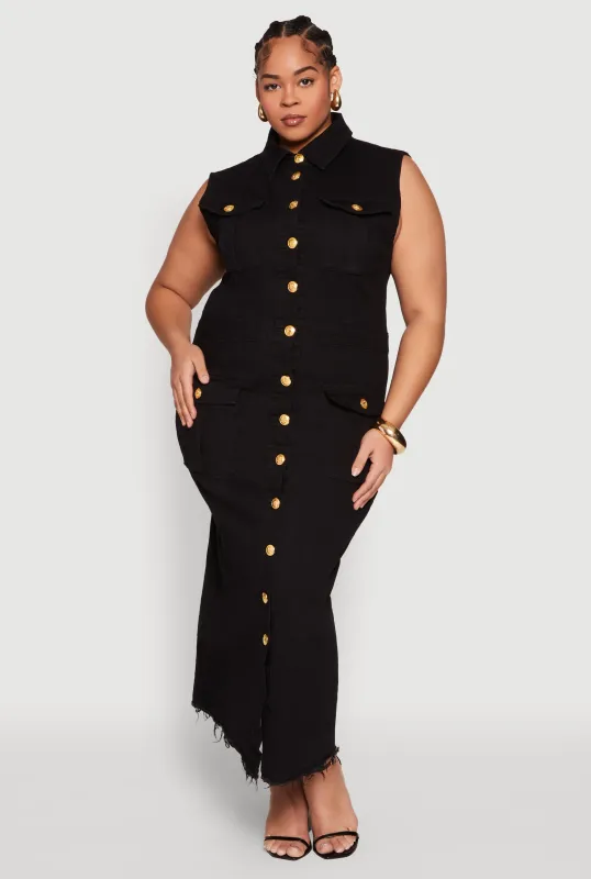 Plus Size Daisy Denim Sleeveless Utility Maxi Dress sold by Rainbow