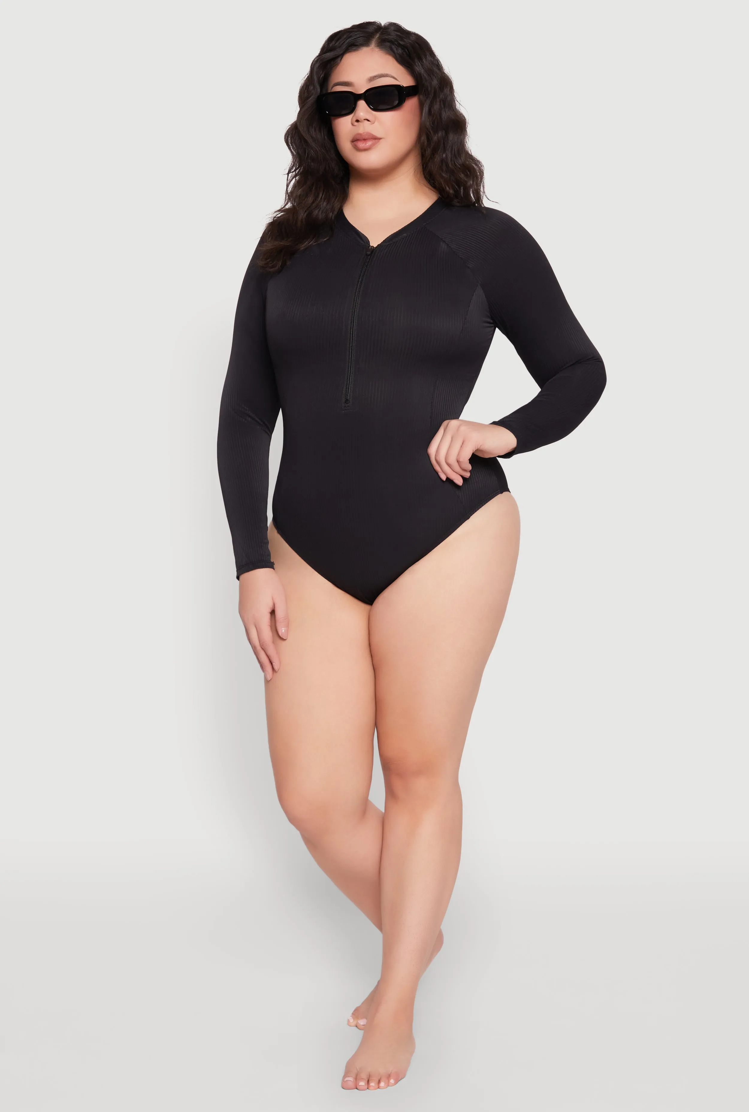 Plus Size Zip Front Rash Guard One Piece Swimsuit sold by Rainbow