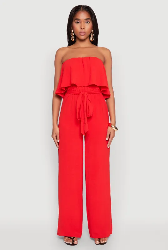 Crepe Knit Ruffle Overlay Tie Waist Jumpsuit sold by Rainbow