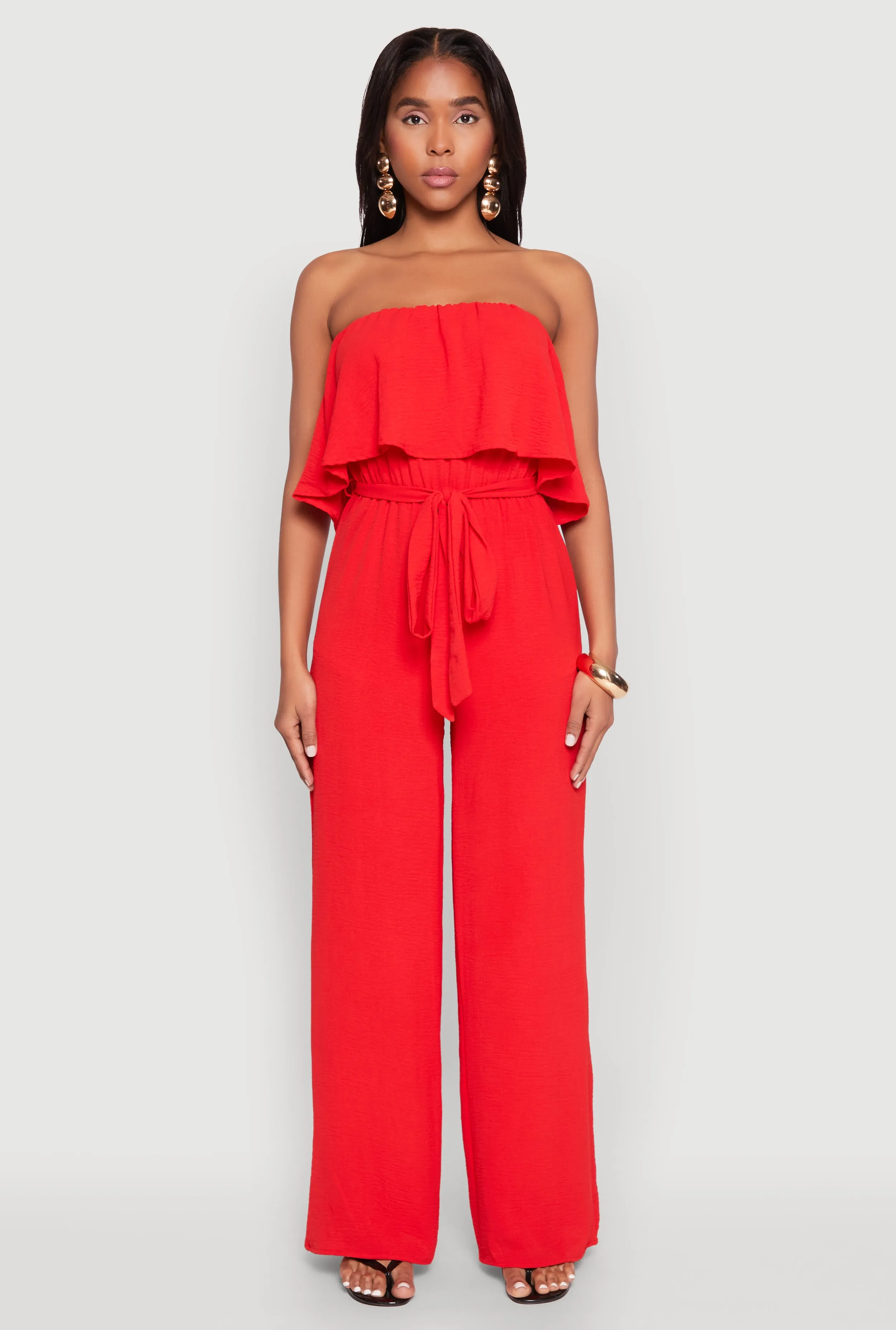 Crepe Knit Ruffle Overlay Tie Waist Jumpsuit sold by Rainbow