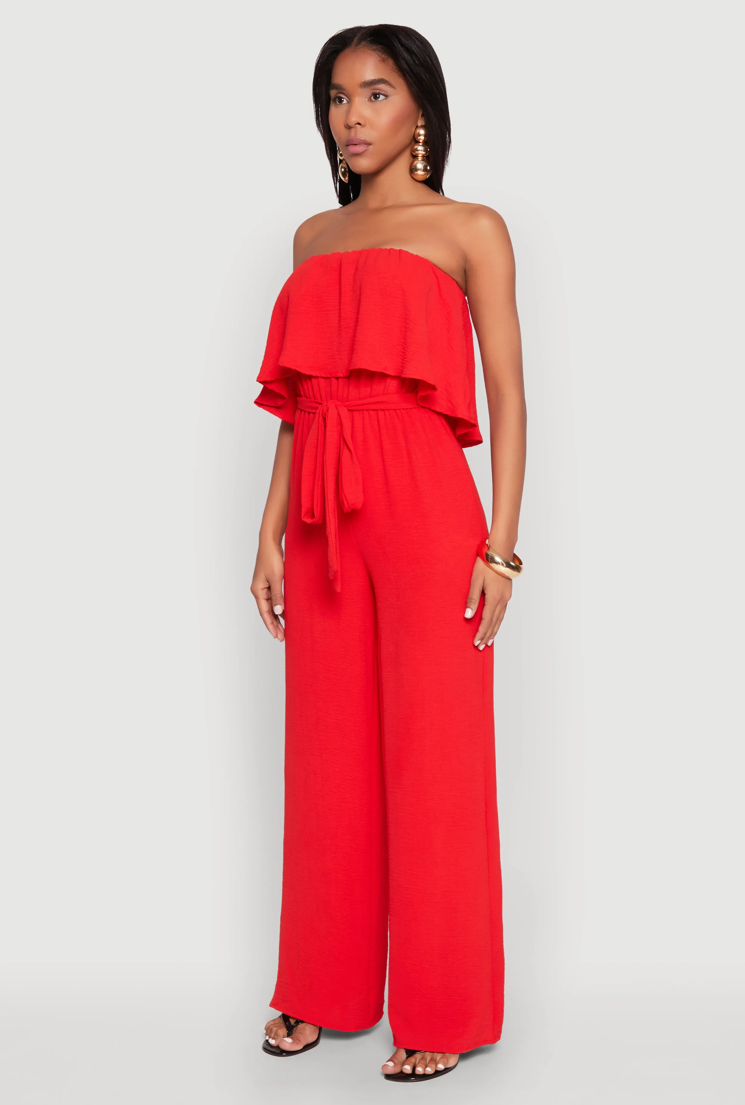 Crepe Knit Ruffle Overlay Tie Waist Jumpsuit sold by Rainbow product image thumbnail 3