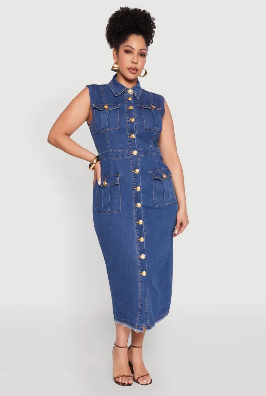 Plus Size Daisy Denim Sleeveless Utility Maxi Dress sold by Rainbow