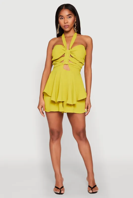Airy Ruffled Cut Out Halter Romper sold by Rainbow