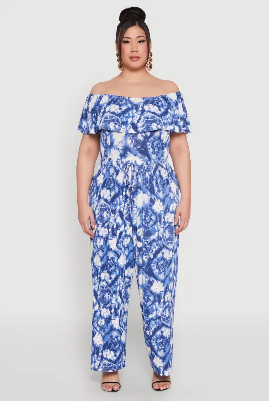 Plus Size Tie Dye Off the Shoulder Jumpsuit sold by Rainbow