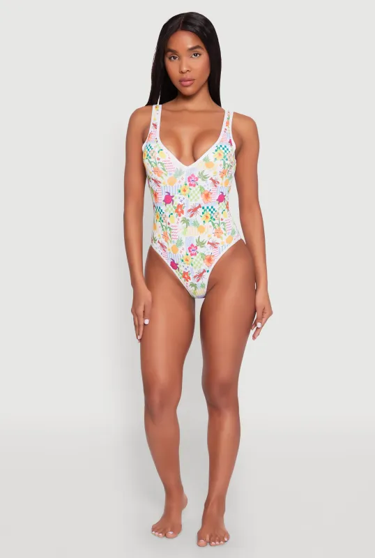 Tropical Floral Print One Piece Swimsuit sold by Rainbow