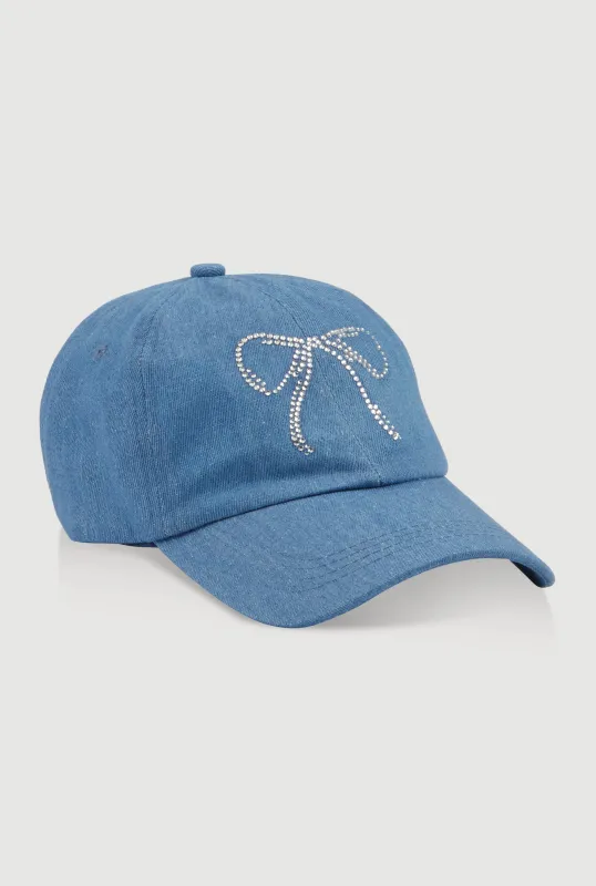 Rhinestone Bow Denim Baseball Cap sold by Rainbow