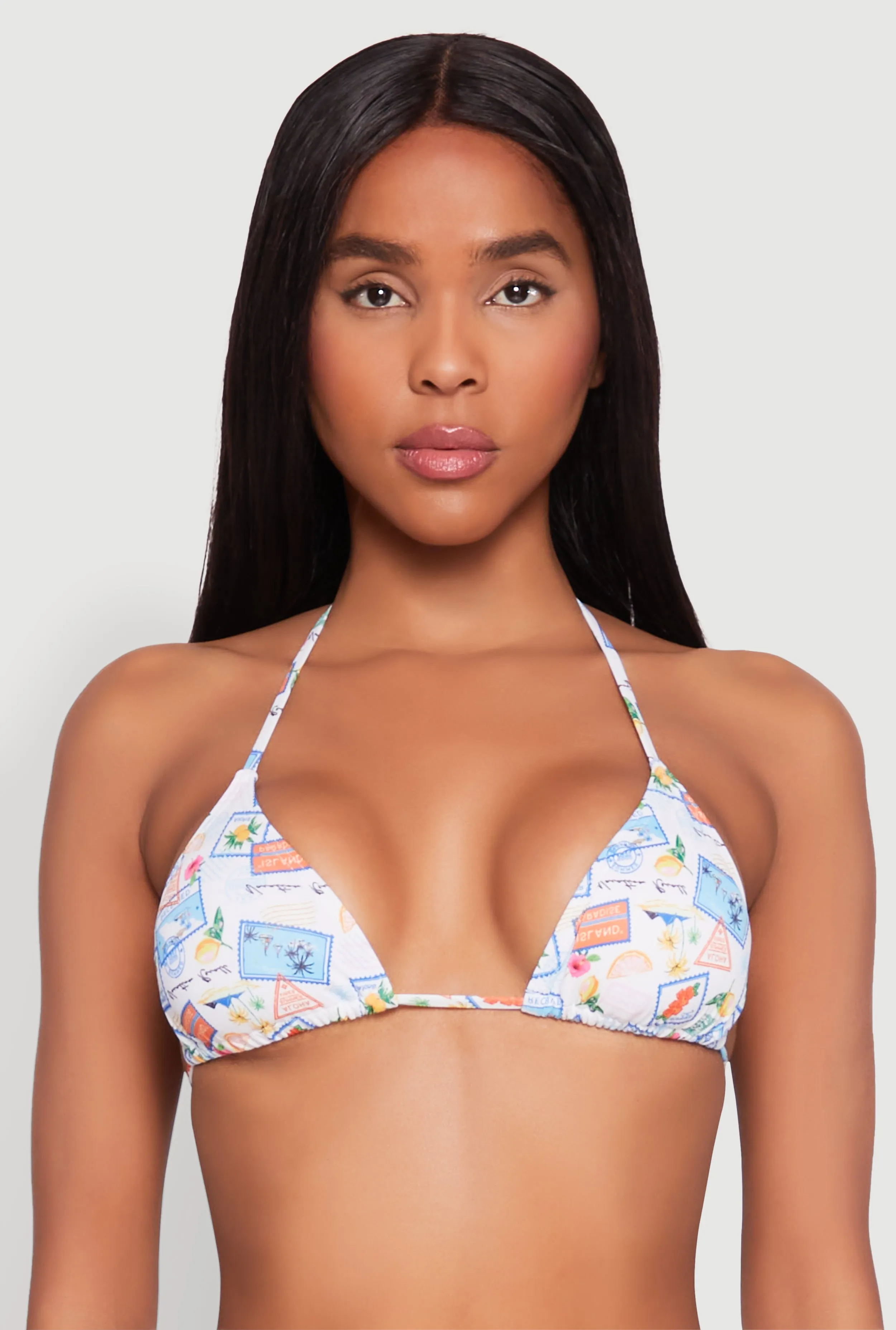 Tropical Postage Print Triangle Bikini Top sold by Rainbow