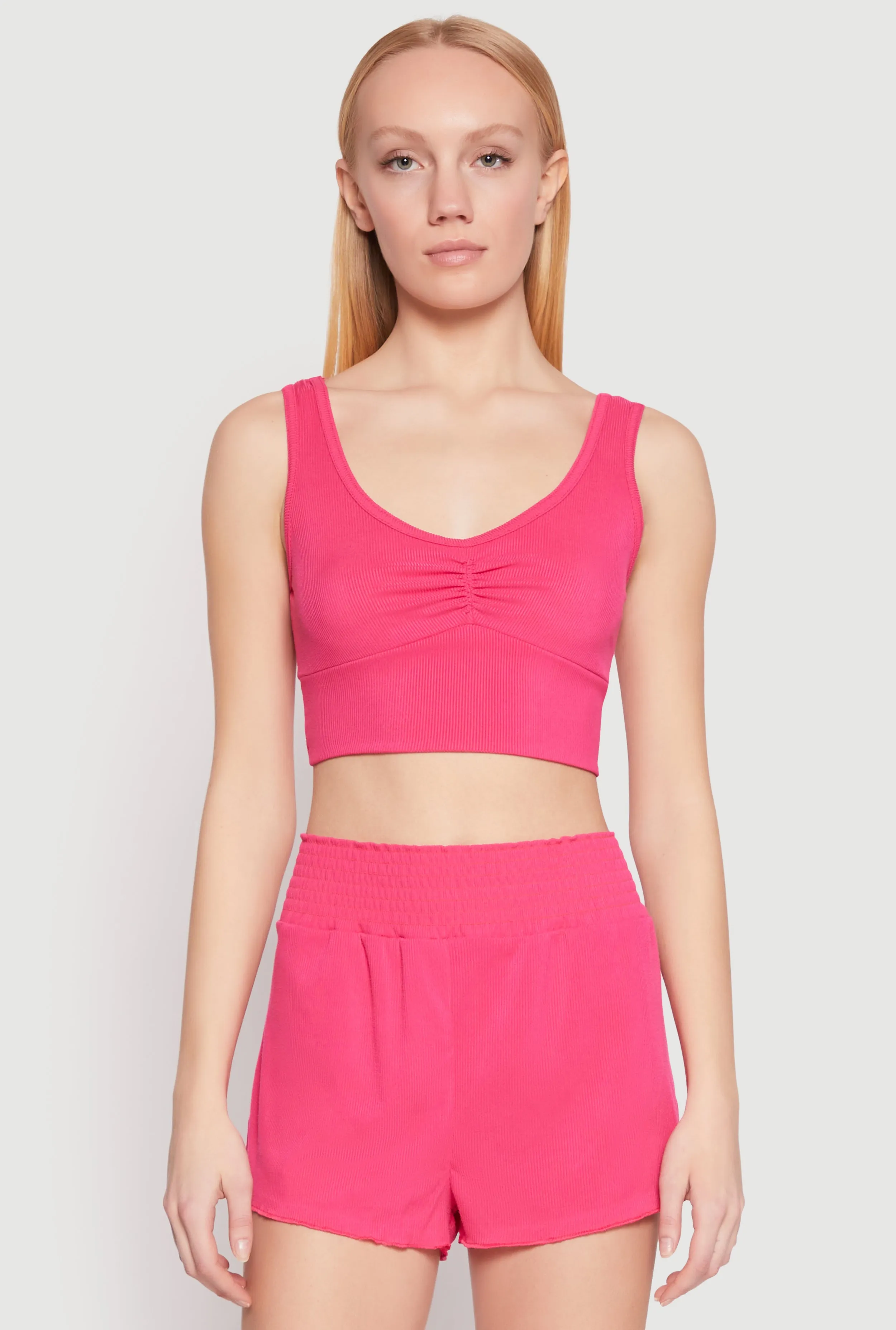 Ribbed Knit Ruched Pajama Tank Top and Smocked Shorts sold by Rainbow