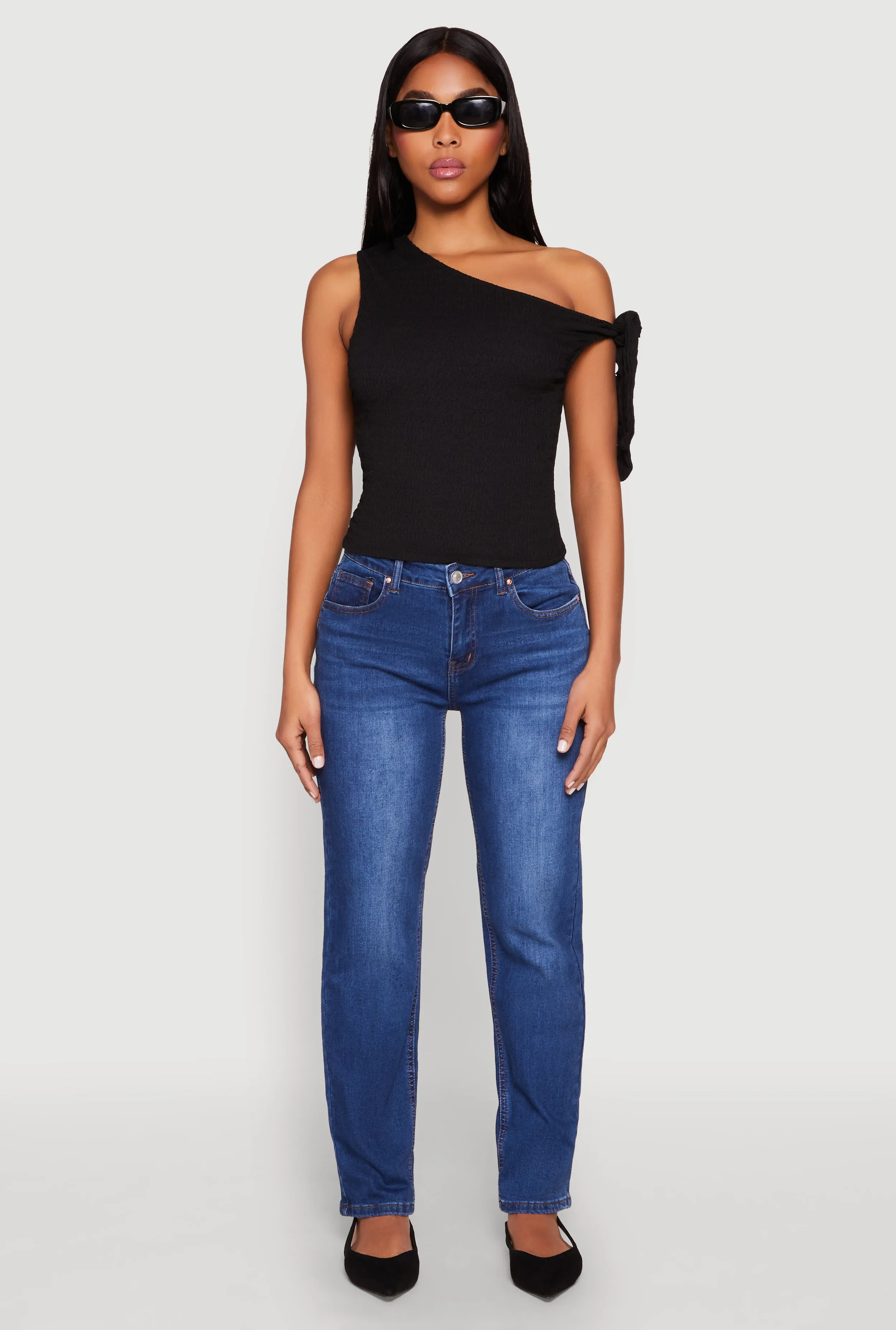 Textured Knit Tie Strap One Shoulder Top sold by Rainbow