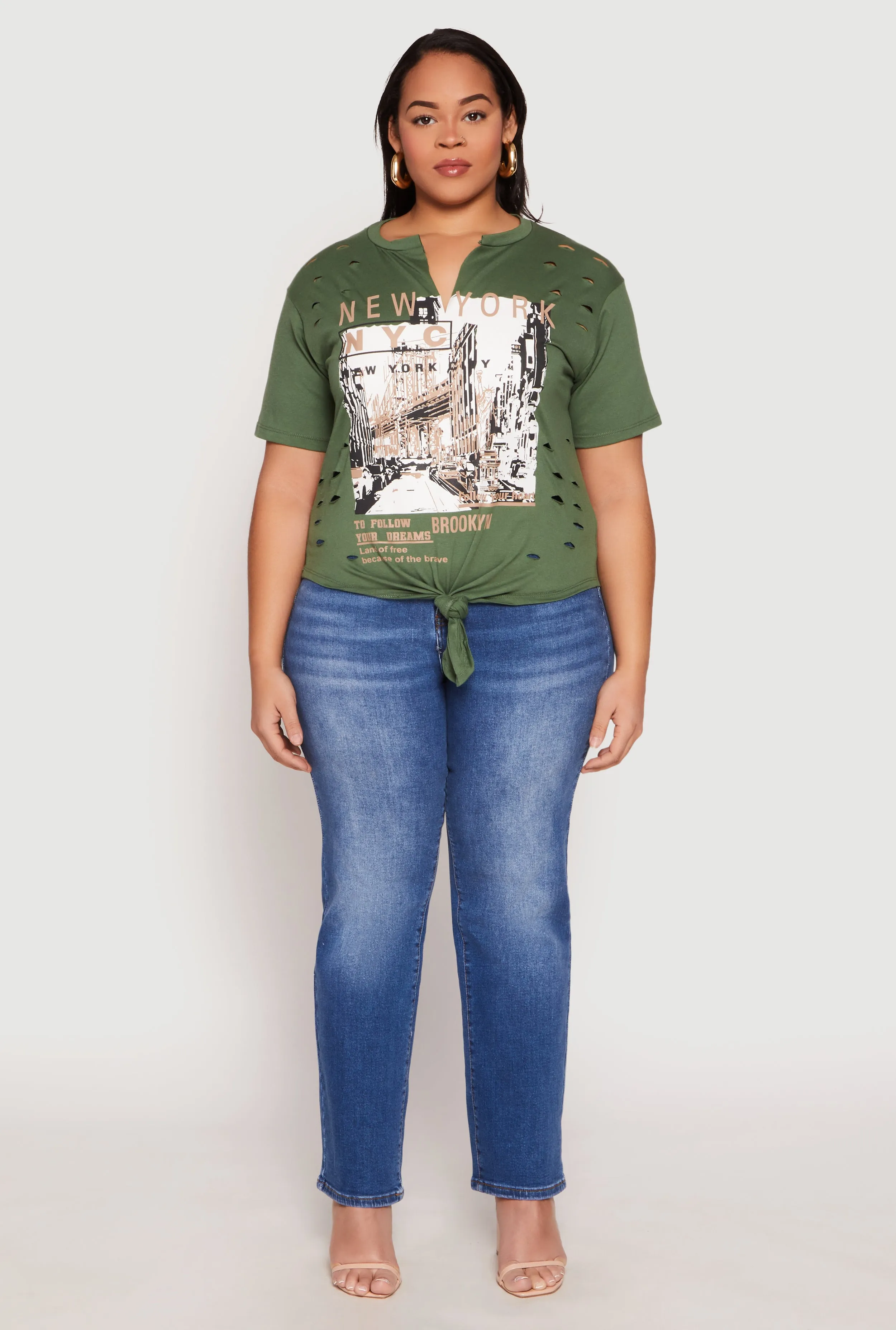 Plus Size Slashed New York Graphic Knot Front Tee sold by Rainbow